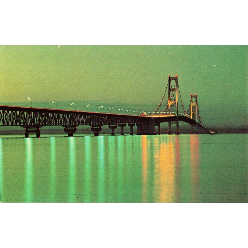Vintage Mackinac Bridge Night View Michigan Plastichrome Postcard P71597 VG+